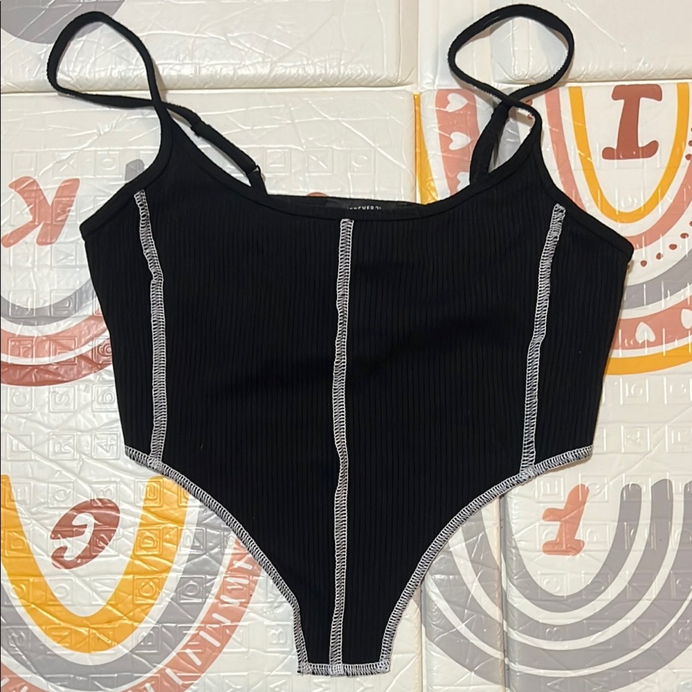 Black Ribbed Crop Top with Contrast Stitching